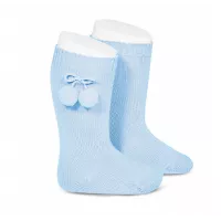 Calcetín alto de algodón liso con borlas azul bebe